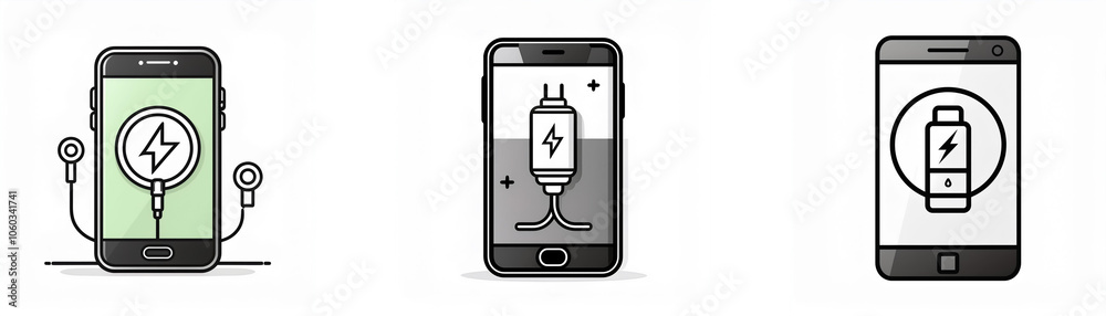 Three smartphones with different charging icons on their screens. Three smartphones with different charging icons on their screens.