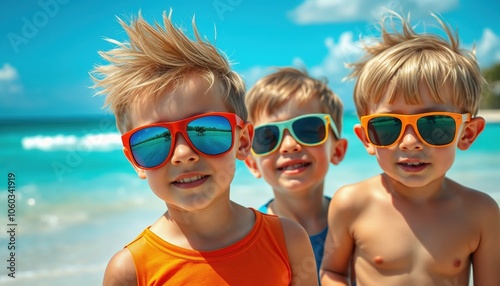 Three young boys, each sporting stylish sunglasses, are joyfully standing on a beautiful beach, enjoying the sun and the warm weather