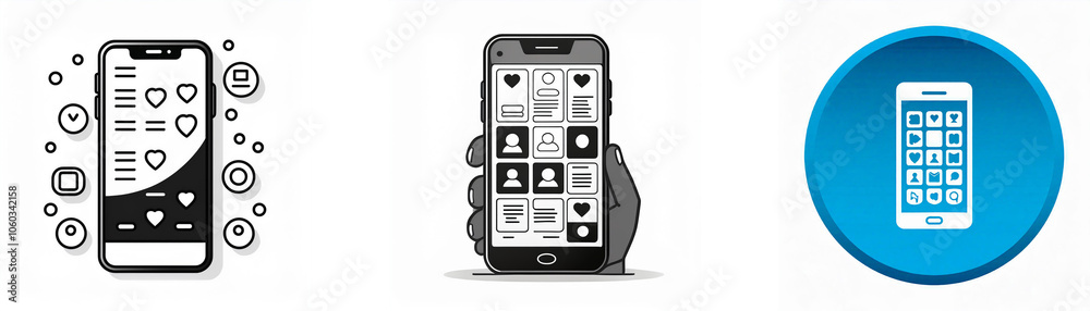 A black and white illustration of a smartphone and a blue circle with a white smartphone inside. A black and white illustration of a smartphone and a blue circle with a white smartphone inside.