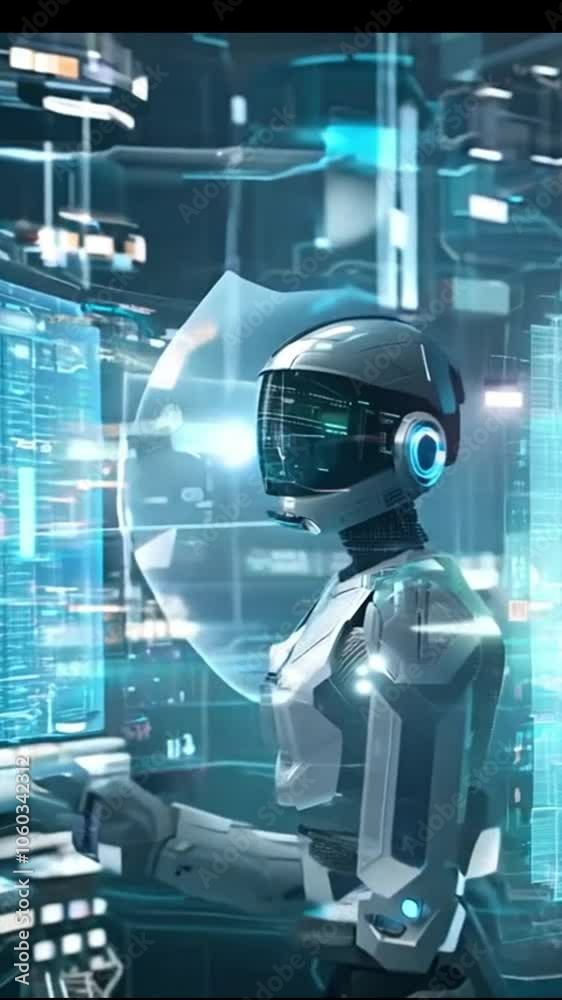 A high-tech robot exhibits a glowing, low-poly wireframe model through a hologram, emphasizing the advanced design of AI technology A high-tech robot exhibits a glowing, low-poly wireframe model through a hologram, emphasizing the advanced design of AI technology