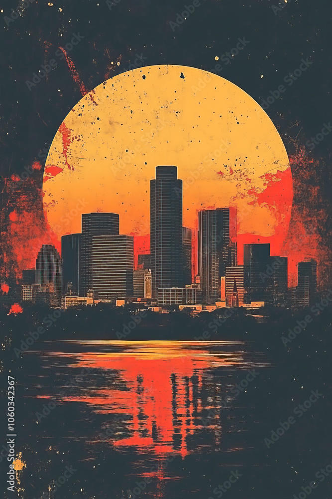Fototapeta premium Brownsville, USA, Pop Art style theme print. Cityscape, city skyline.Vibrant, bright, modern, trendy, graphic designed for poster, card, wallpaper