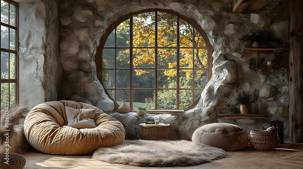 Fototapeta premium Cozy Living Room with Stone Wall and Large Window - 3D Illustration