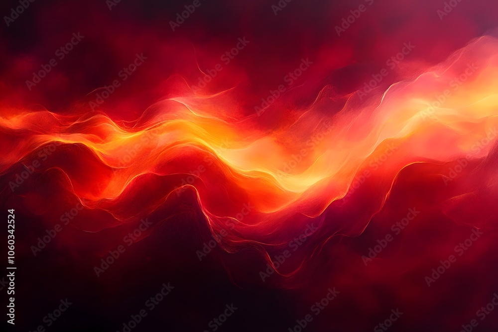 Obraz premium A vibrant abstract composition featuring flowing waves of red, orange, and yellow hues, creating a dynamic and energetic visual effect.
