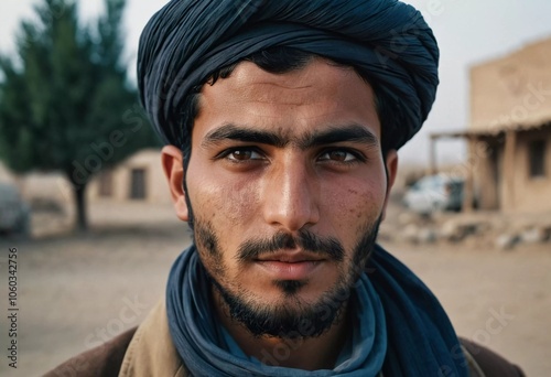 A young man 25 years old from Afghanistan, wearing traditional clothing, poses proudly in his village with mountains in the background, showcasing his cultural heritage. Generative AI photo