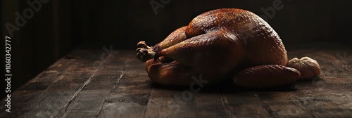 Une dinde de grande taille cuite au four pour un dîner de Noël, posée sur une table en bois foncé avec un espace de copie pour une bannière. photo