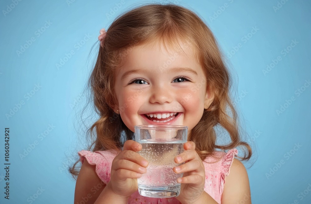A little girl smiling and holding a glass of water, isolated on a blue background. A little girl smiling and holding a glass of water, isolated on a blue background.