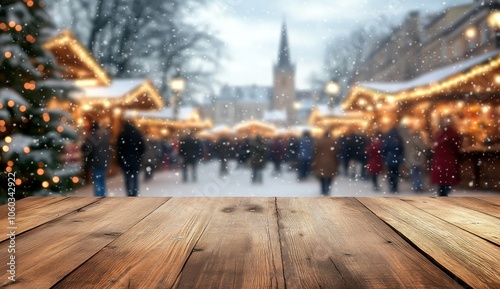 Table en bois avec arrière-plan flou d'un marché de Noël en hiver, des personnes se promenant dans la rue avec des stands décorés et lumières festives.
