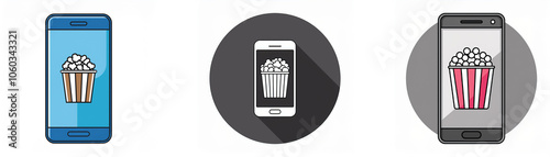 Three illustrations of a smartphone with an image of a bucket of popcorn on the screen.