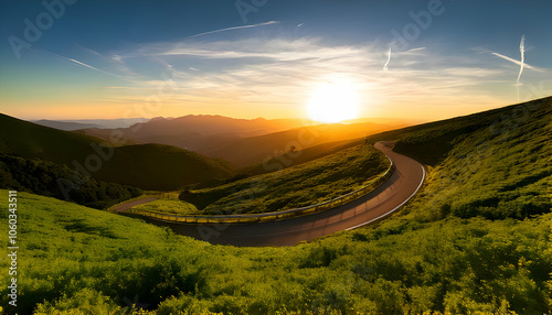 inding Road Through Lush Green Hills at Sunset photo