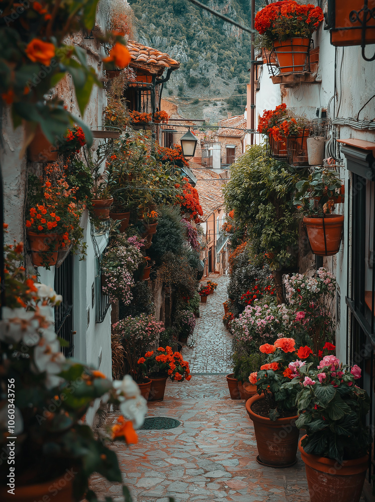Obraz premium Charming Italian Alleyway: A Picturesque Scene Featuring Quaint Architecture, Vibrant Plants, And Colorful Flowers Framing A Narrow Pathway Under A Bright Blue Sky