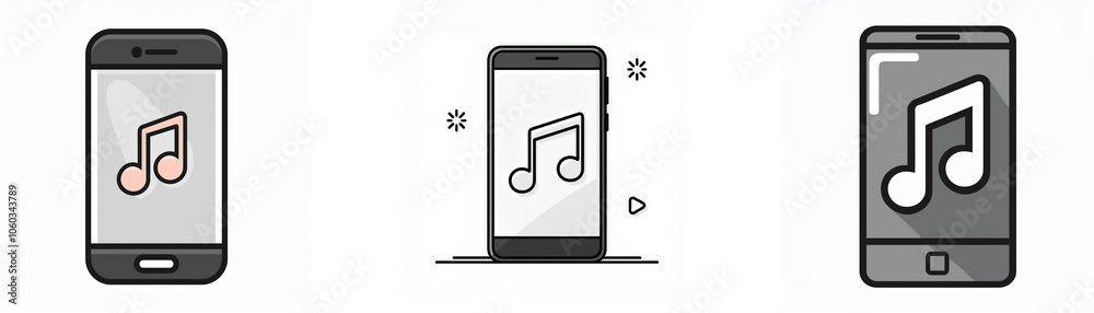 Three different styles of smartphone icons with music notes displayed on the screen. Three different styles of smartphone icons with music notes displayed on the screen.