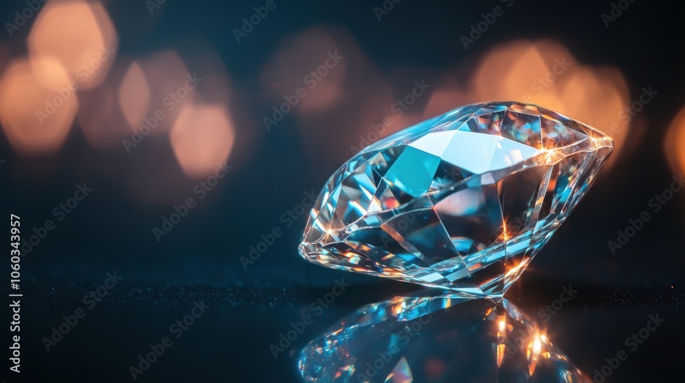 A single, sparkling diamond rests on a dark surface, illuminated by soft, warm bokeh lights. A single, sparkling diamond rests on a dark surface, illuminated by soft, warm bokeh lights.