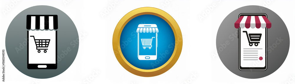 Three circular icons depicting mobile phones with an awning and shopping cart. Three circular icons depicting mobile phones with an awning and shopping cart.
