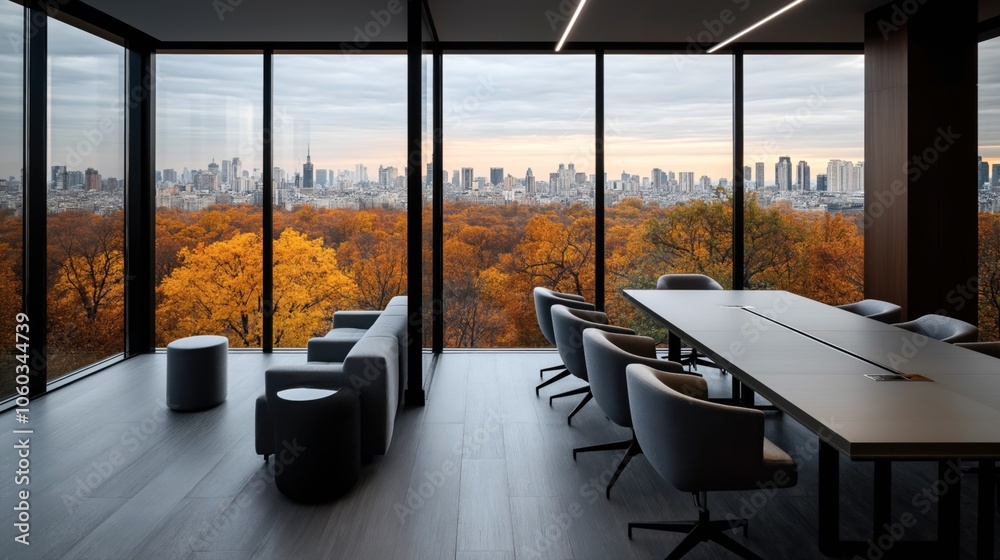 Fototapeta premium Modern office interior with large windows overlooking an autumn cityscape featuring colorful trees and a skyline of buildings.