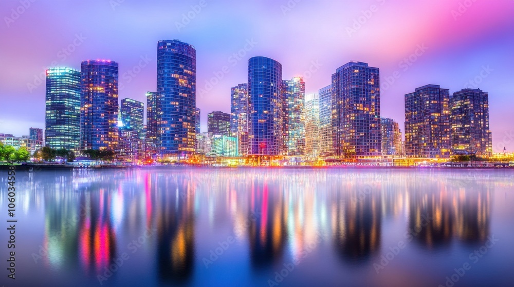 Obraz premium Mesmerizing Cityscape: Vibrant Reflections of an Urban Oasis
