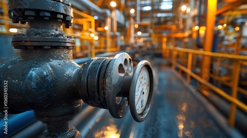 Close-up of a refinery valve under pressure, capturing industrial detail as fuel is processed with precision