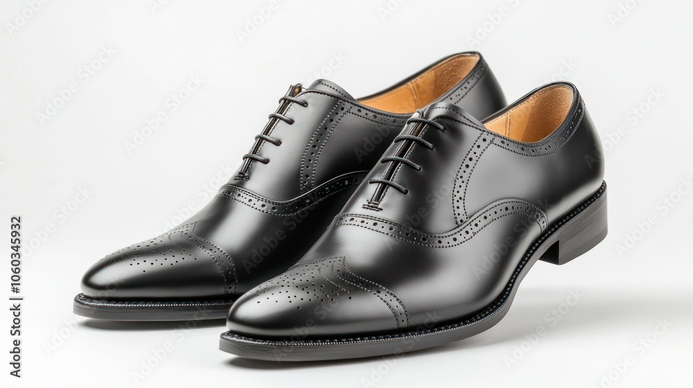 Pair of black leather oxfords with a wingtip design and lace-up closure. Pair of black leather oxfords with a wingtip design and lace-up closure.