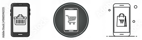 Three different phone icons with shopping symbols, including a shopping basket, shopping cart, and shopping bag.