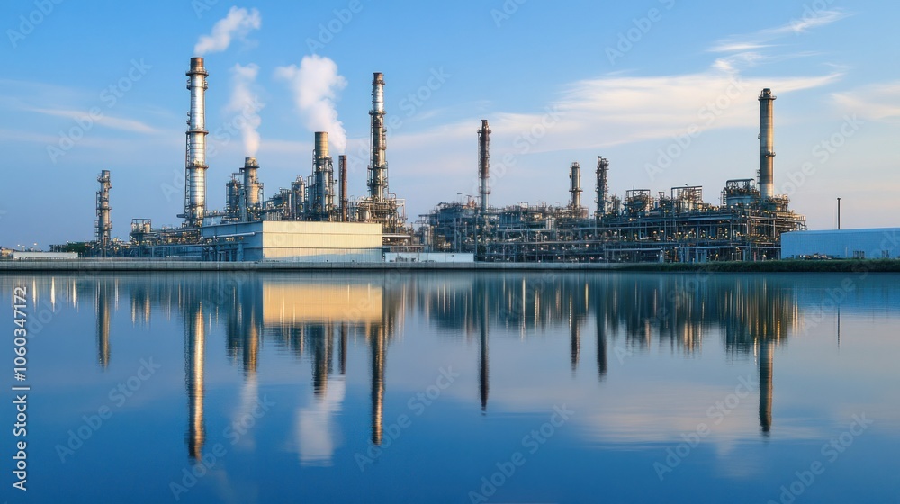 An oil refinery plant reflected in calm water, blending serene natural beauty with the industrial environment An oil refinery plant reflected in calm water, blending serene natural beauty with the industrial environment