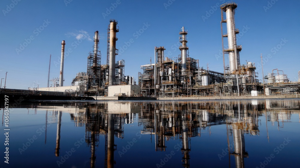 An oil refinery plant reflected in calm water, blending serene natural beauty with the industrial environment An oil refinery plant reflected in calm water, blending serene natural beauty with the industrial environment