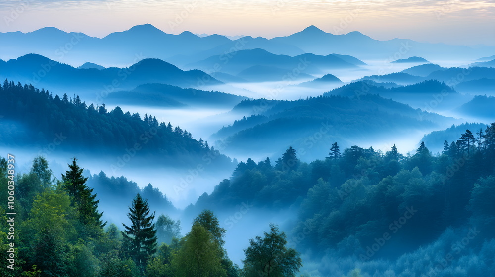 A foggy morning in the mountains, with mist rolling over the peaks and trees barely visible through the haze A foggy morning in the mountains, with mist rolling over the peaks and trees barely visible through the haze