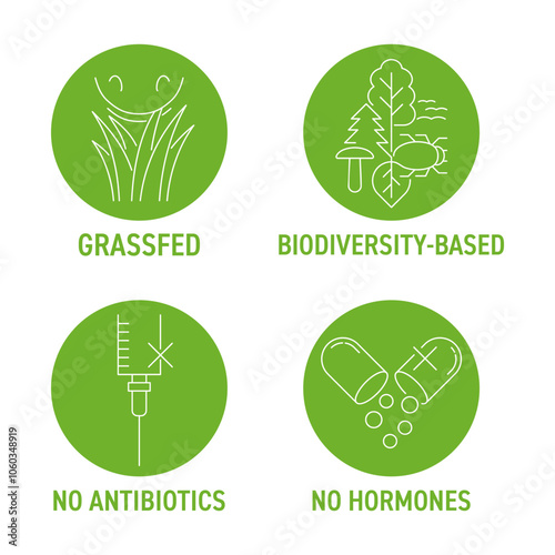 Meat products icons - Grass fed, Biodiversity-based, No antibiotics, Hormones