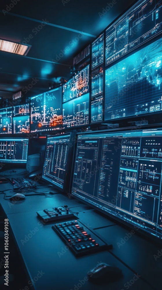 Obraz premium A control room filled with digital monitors displaying fuel processing data, representing modern technological operations