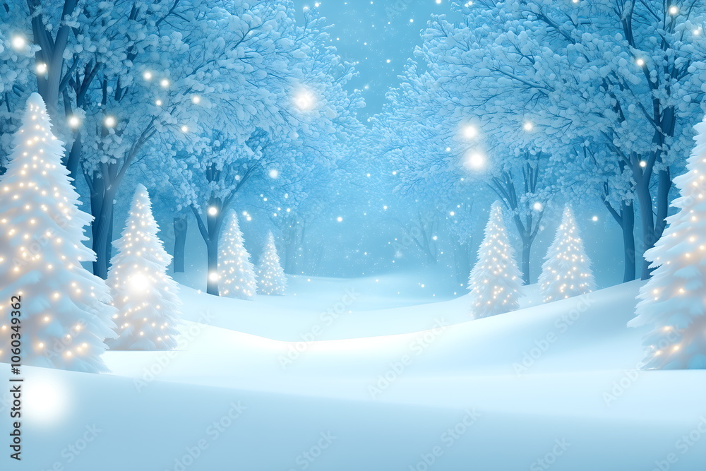 Fototapeta premium Snow-covered trees under a pale blue winter sky, road winding through a dense forest