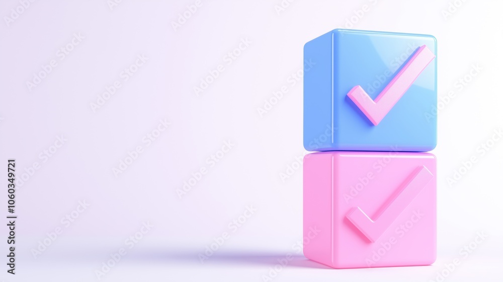 Colorful check mark blocks stacked on each other, white isolated background. Colorful check mark blocks stacked on each other, white isolated background.