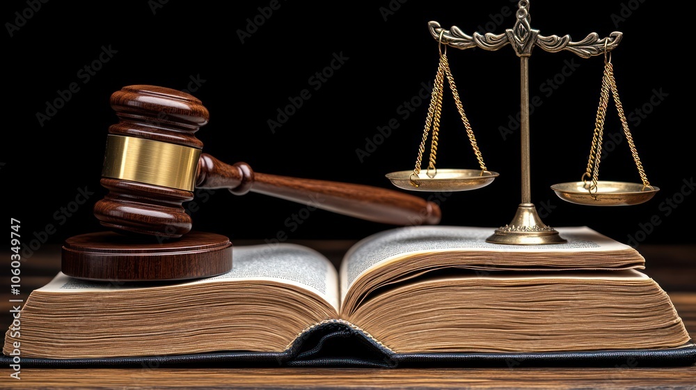 Gavel, scales of justice, and a law book. Gavel, scales of justice, and a law book.