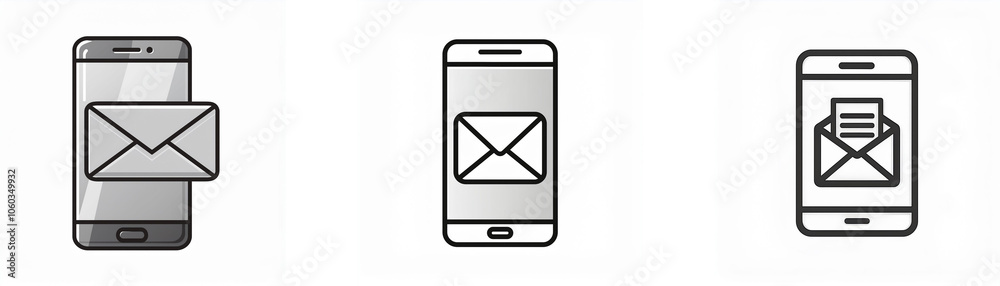 Three black and white illustrations of smartphones with email icons. Three black and white illustrations of smartphones with email icons.