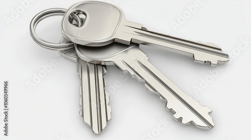 Crisp 3D render of a set of keys featuring a detailed keychain, captured with sharp, clear details. The keys and keychain are centered on a white background