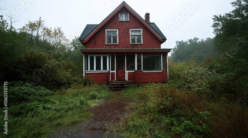 Old red wooden house in a rural setting surrounded by overgrown vegetation and trees under a grey overcast sky.