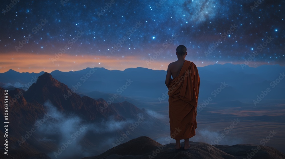 Fototapeta premium A thoughtful and contemplative monk observing the starfilled sky above him at night