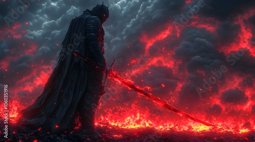 Ominous Dark Knight Wielding Flaming Sword Amid Raging Storm Clouds