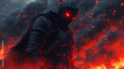 Powerful Warrior Figure in Dark Cinematic Fantasy Landscape with Glowing Red Eyes and Embers