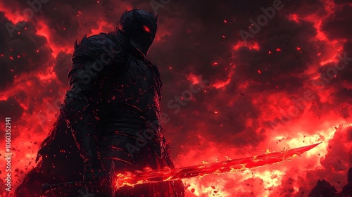 Fierce Warrior Spirit Wielding Fiery Sword Amid Dramatic Crimson Sky and Clouds
