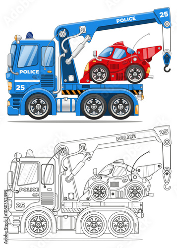 Police tow truck. Coloring. Side view. Isolated on white background. Vector illustration.