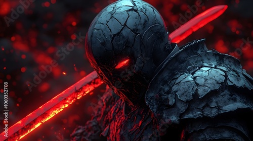 Formidable Knight in Cracked Black Armor Wielding Crimson Sword Amid Mystical Dark Surroundings