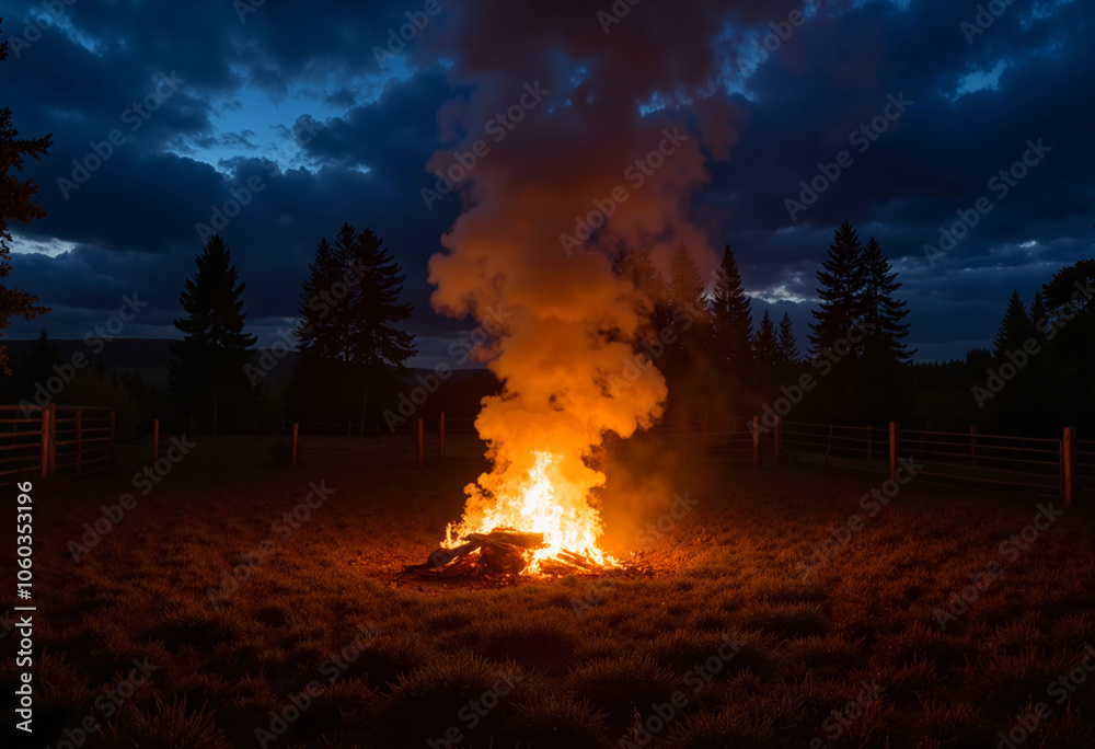 Fototapeta premium Large Bonfire Burning in Open Field at Dusk with Smoke Rising