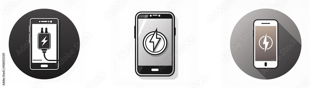 Three different illustrations of a smartphone charging. Three different illustrations of a smartphone charging.