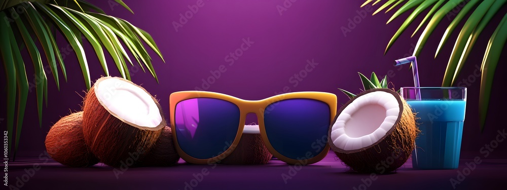 Sunglasses, coconuts, and a cocktail with a straw on a blue background Sunglasses, coconuts, and a cocktail with a straw on a blue background