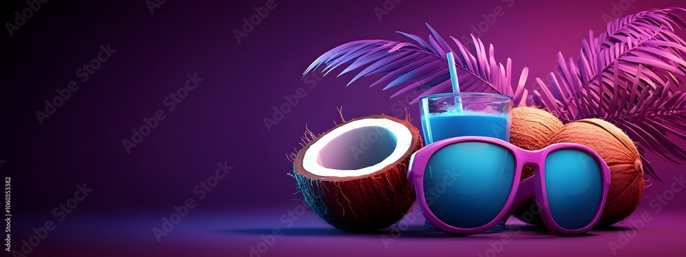 Sunglasses, coconuts, and a cocktail with a straw on a blue background Sunglasses, coconuts, and a cocktail with a straw on a blue background