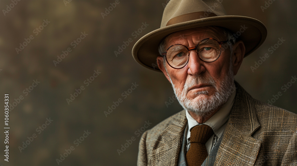 Elderly gentleman in a classic suit and hat against a vintage-style background, evoking timeless elegance and sophistication Elderly gentleman in a classic suit and hat against a vintage-style background, evoking timeless elegance and sophistication
