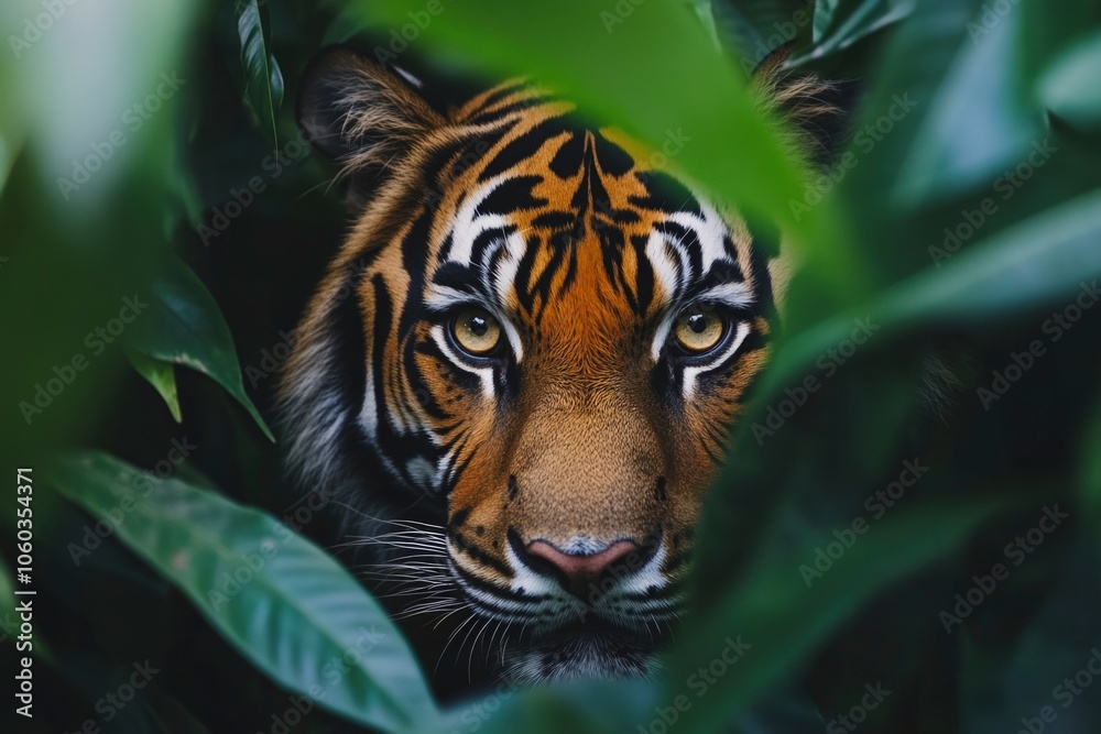 Fototapeta premium Exotic animals in natural habitats, like a tiger in a dense jungle with vibrant colors with copy space. Wild background