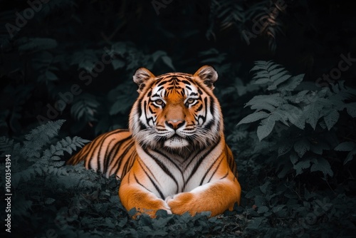 Exotic animals in natural habitats, like a tiger in a dense jungle with vibrant colors with copy space. Wild background photo