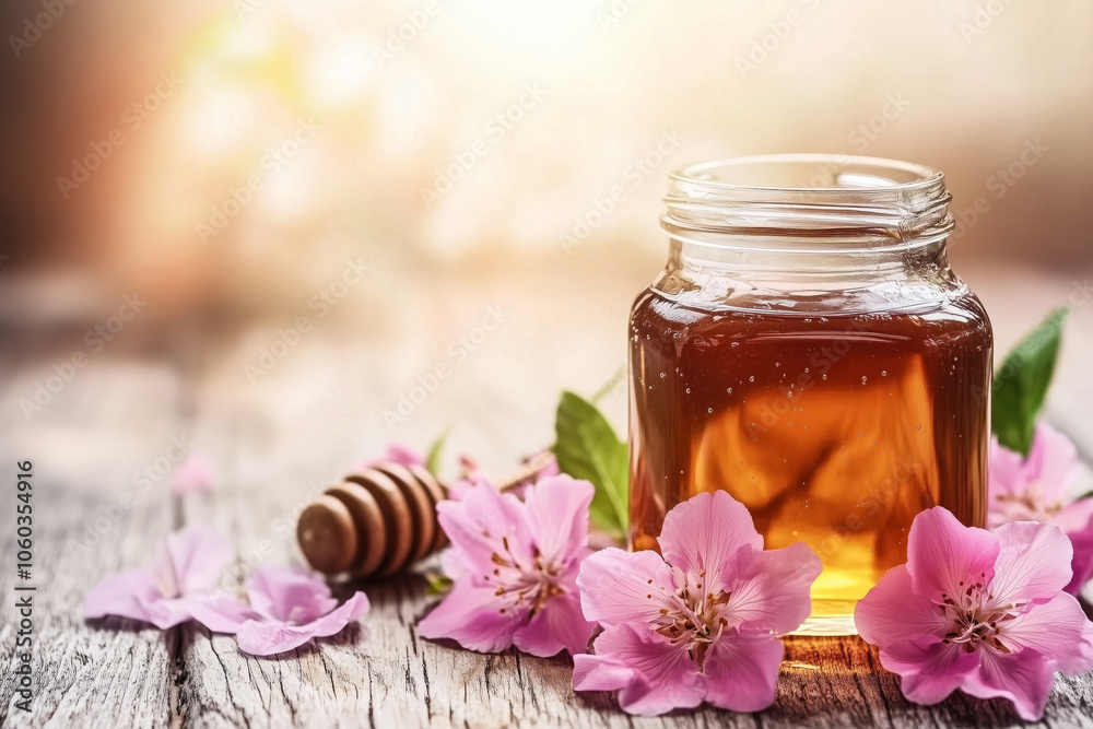 Jar of golden honey with dripping wooden stick and pink flowers on table Jar of golden honey with dripping wooden stick and pink flowers on table