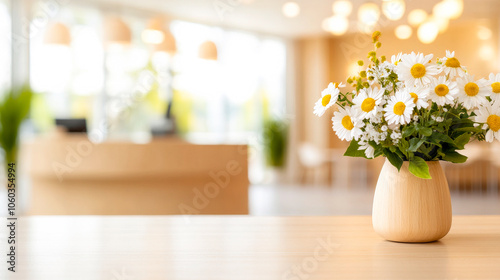 Simple Elegance: A vase of delicate white daisies rests on a wooden table, a touch of natural beauty in a modern cafe setting. The soft, diffused lighting creates a warm and inviting atmosphere. 