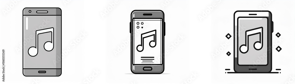 Three illustrations of a smartphone displaying a music note icon on the screen. Three illustrations of a smartphone displaying a music note icon on the screen.