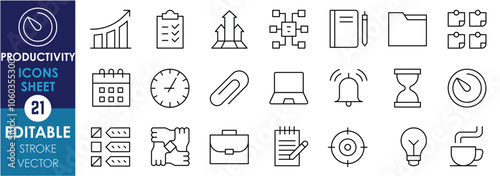 A set of line icons related to Productivity. Graph, arrow, mind map, notes, calendar, stopwatch, lightbulb, coffee, target, clock, and so on. Vector editable stroke.